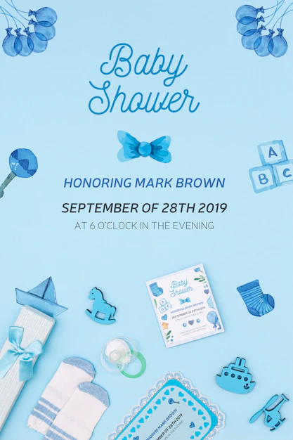 Free PSD | Blue baby shower invitation with decorations
