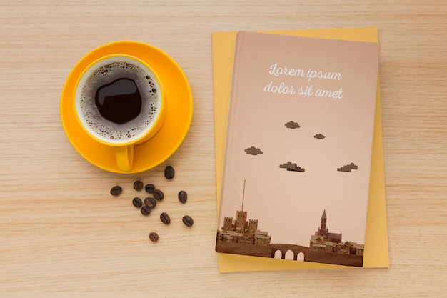 Free PSD | Book cover assortment on wooden background with cup of coffee