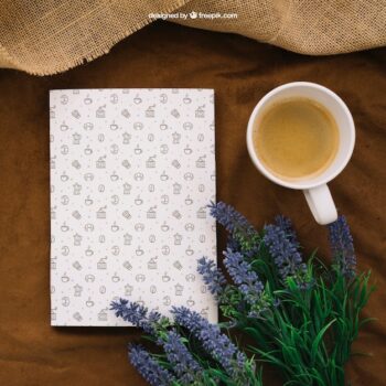 Free PSD | Book cover composition with coffee and flowers