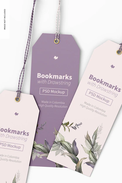 Free PSD | Bookmarks with drawstring mockup, close up