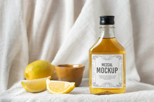 Free PSD | Bottle of mezcal drink with lemons