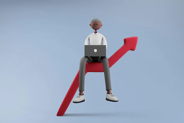 Free PSD | Businessman working on laptop while sitting at graph on isolated background business and investment concept 3d render cartoon character