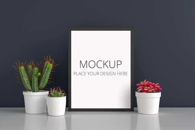 Free PSD | Cactus and succulent pot plant with frame mockup
