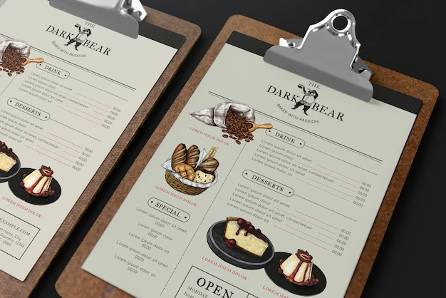 Free PSD | Cafe menu with images mockup psd on clipboard corporate identity design