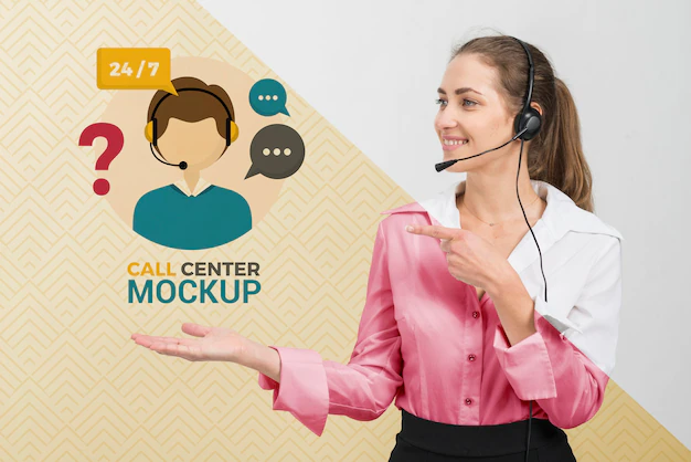 Free PSD | Call center operator looking at call center mock-up