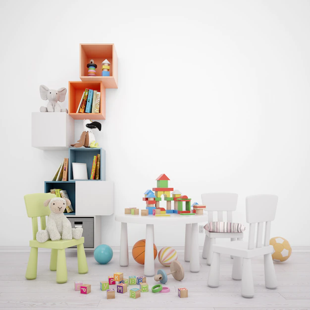 Free PSD | Children's play room with storage drawers, table and many toys
