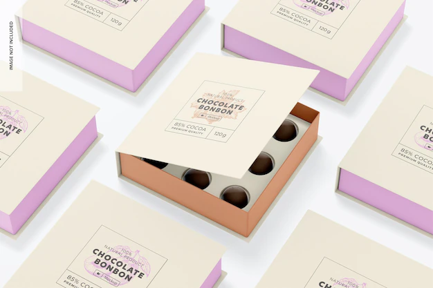 Free PSD | Chocolate bonbon luxury box mockup, mosaic