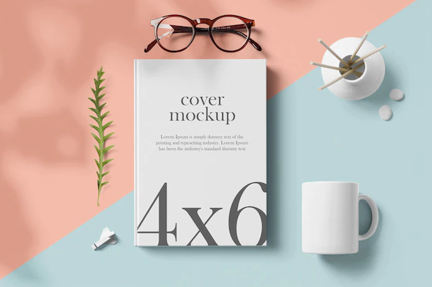 Free PSD | Clean minimal book 4x6 mockup on pink and blue background with glasses vase mug and wooden rocket