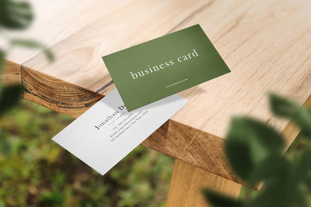 Free PSD | Clean minimal business card mockup floating on top table with leaves .