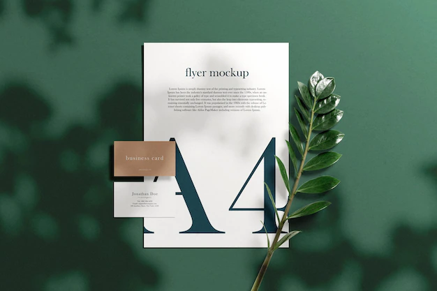 Free PSD | Clean minimal business card mockup on paper a4 with and leaves
