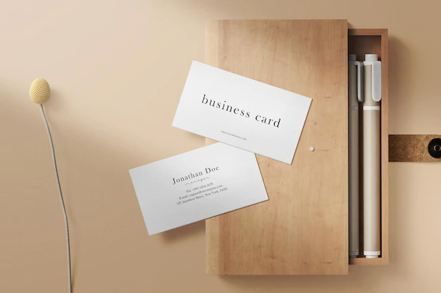 Free PSD | Clean minimal business card mockup on pencil box and plant flower