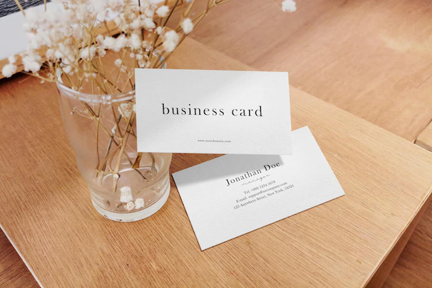 Free PSD | Clean minimal business card mockup on wooden plate with glass vase and dry flower background. psd file.