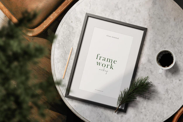 Free PSD | Clean minimal frame mockup on top marble table with conifer and plant