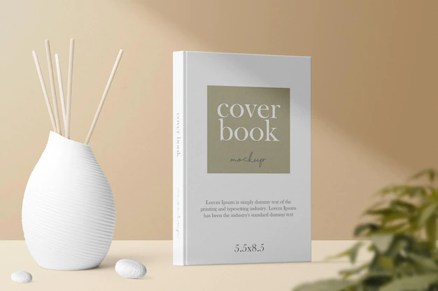 Free PSD | Clean minimal photo book 55x85 mockup on minimalist background with vase and stone on table that has plant foreground