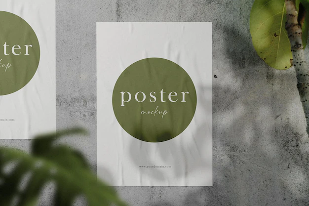 Free PSD | Clean minimal poster mockup on cement wall with leaves background. psd file.