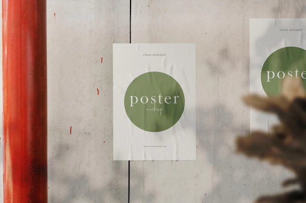Free PSD | Clean minimal poster mockup on the wall with plant background psd file