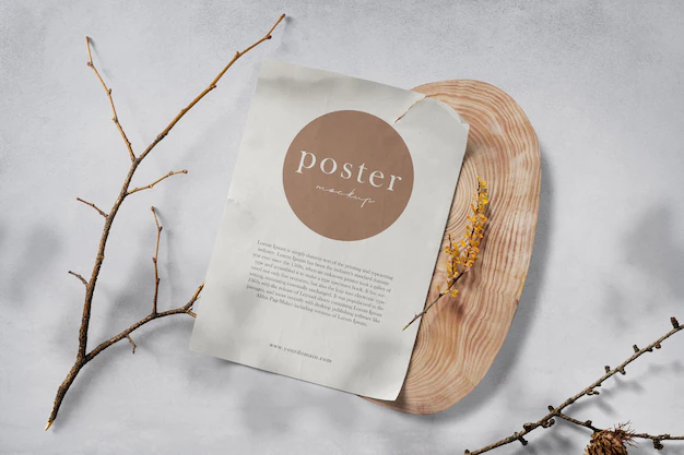 Free PSD | Clean minimal poster mockup on wooden plate with sticks and plant background. psd file.