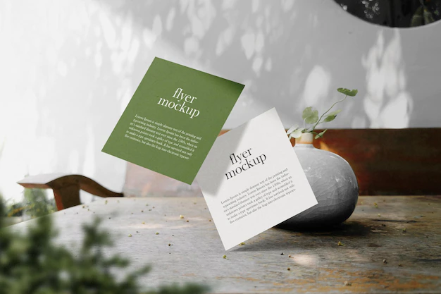 Free PSD | Clean minimal square flyer mockup floating on wooden top table with mini vase and plant psd file