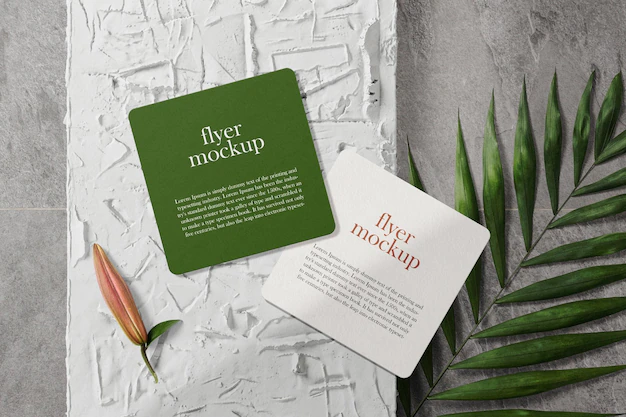 Free PSD | Clean minimal square flyer mockup on plaster plate with plant psd file