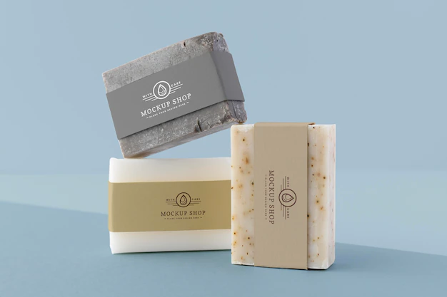Free PSD | Close up on artisan soap packaging mockup