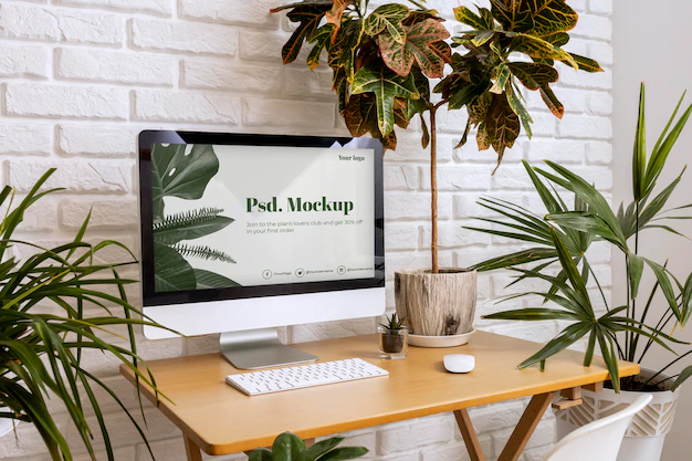 Free PSD | Close up on computer mockup surrounded by plants