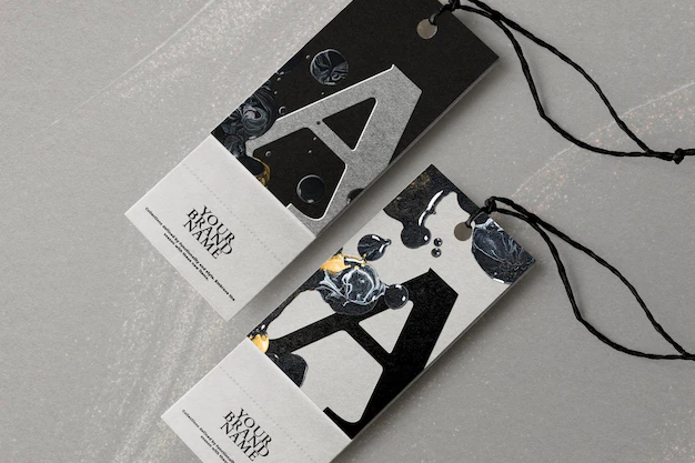Free PSD | Clothing tags marble mockup psd in black for fashion brands diy experimental art