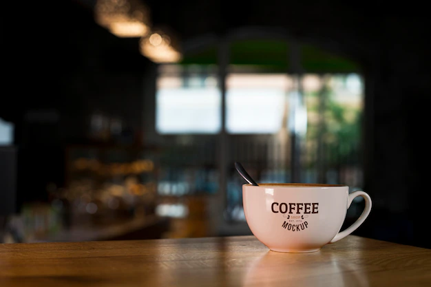 Free PSD | Coffee cup on table at shop