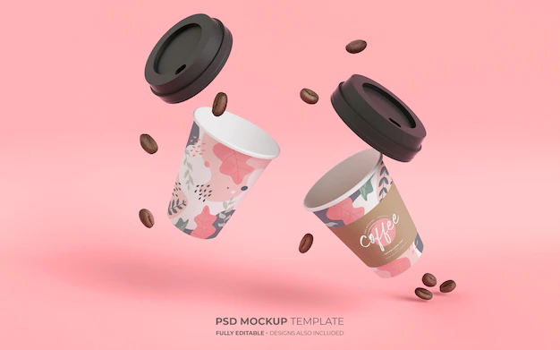 Free PSD | Coffee cups in gravity mockup