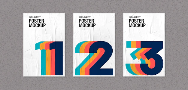 Free PSD | Collection of crumpled posters over concrete wall mockup