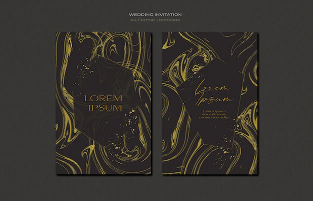 Free PSD | Collection of wedding template with liquid gold texture on black background.