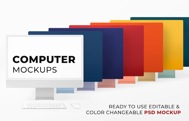 Free PSD | Computer desktop screen mockup psd colorful digital device minimal style set