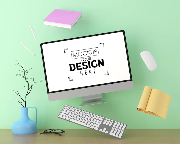 Free PSD | Computer on table in work space psd mockup