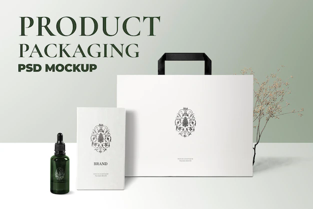 Free PSD | Cosmetic dropper bottle mockup psd with card and bag