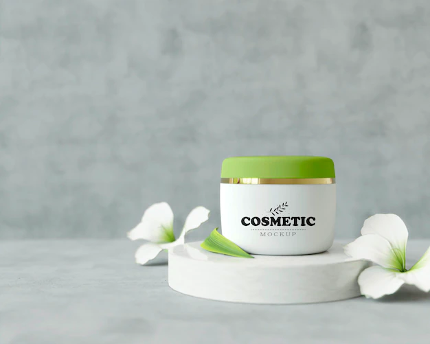 Free PSD | Cosmetic product on a stand with flowers