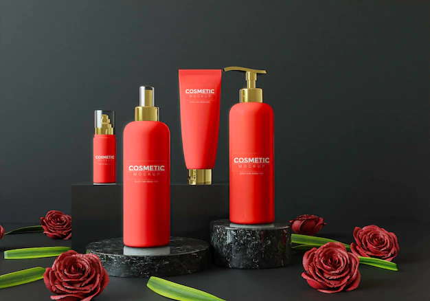 Free PSD | Cosmetic products on a podium with flowers
