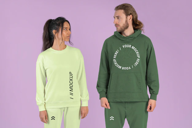 Free PSD | Couple wearing jogger pants and hoodie mockup