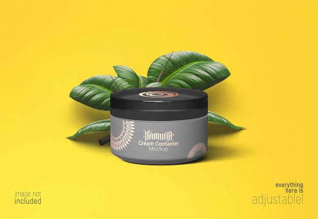 Free PSD | Cream container mockup with a bunch of leaves