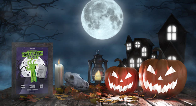 Free PSD | Creepy halloween arrangement with movie poster