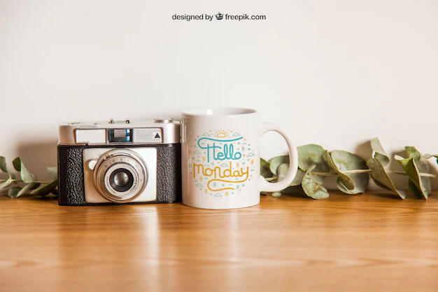 Free PSD | Cup mockup and camera