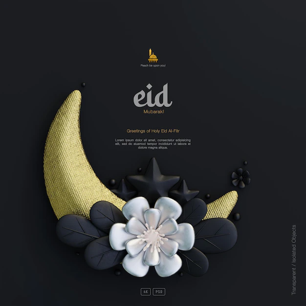 Free PSD | Cute eid al fitr greeting background decorated with 3d crescent moon and flowers