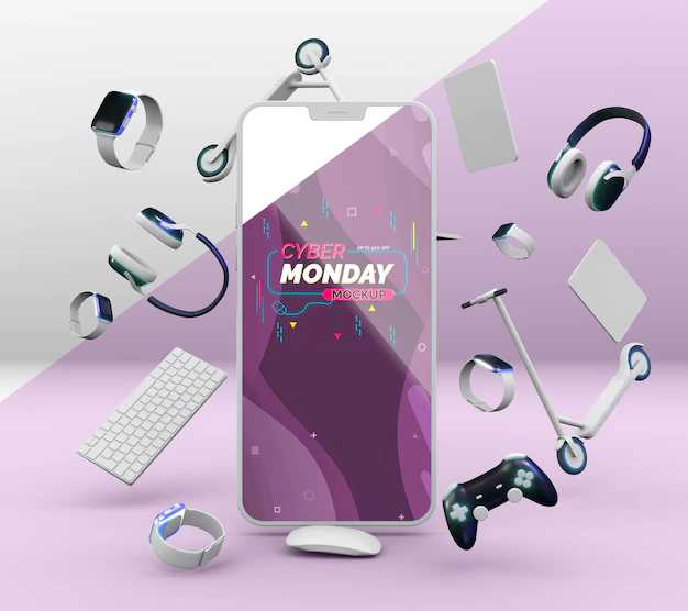 Free PSD | Cyber monday sale arrangement with mobile phone mock-up