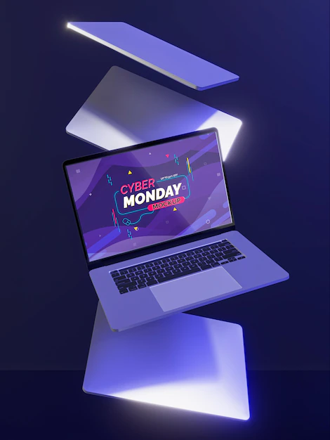 Free PSD | Cyber monday sale mock-up with futuristic assortment