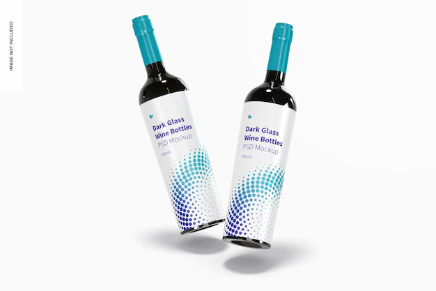 Free PSD | Dark glass wine bottles mockup, falling