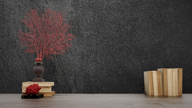 Free PSD | Decorative objects, old books and vases over black wall, japanese style.