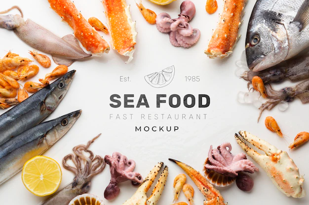 Free PSD | Delicious sea food assortment with mock-up