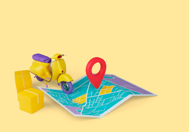 Free PSD | Delivery 3d illustration with map, scooter, and pinpoint