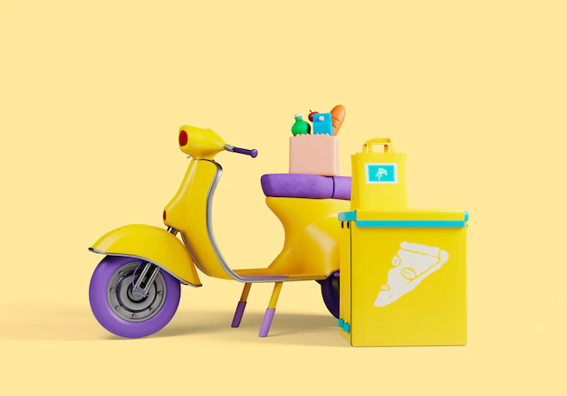 Free PSD | Delivery 3d illustration with scooter and groceries