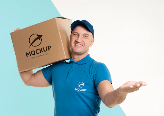 Free PSD | Delivery man holding a box on his shoulder