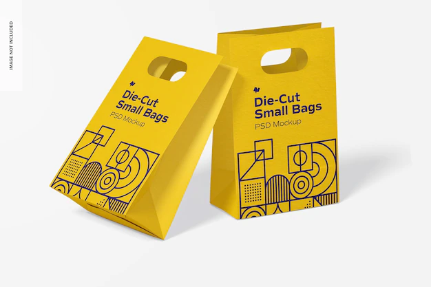 Free PSD | Die-cut small paper bags mockup, leaned