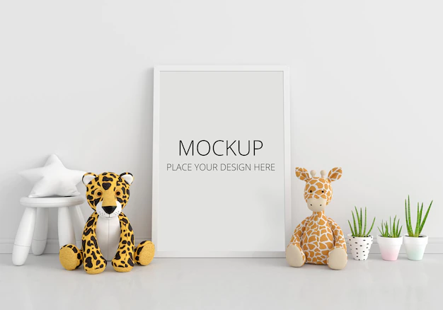 Free PSD | Doll on floor with frame mockup